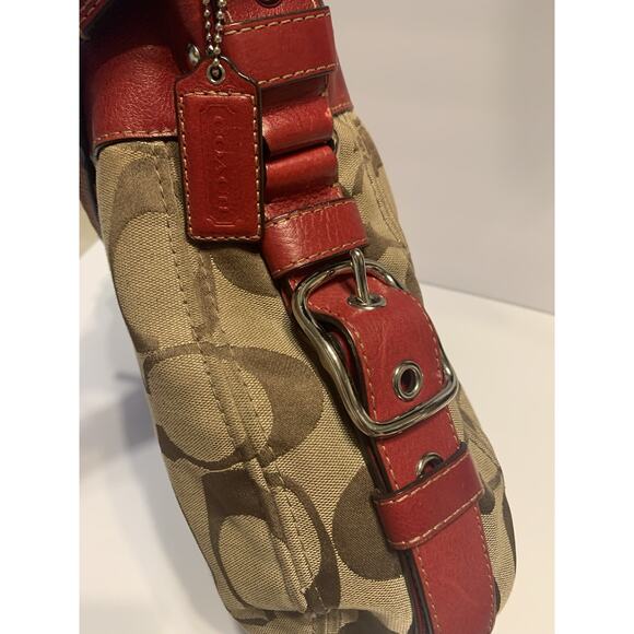 COACH Zoe Signature Monogram Jacquard Hobo Shoulder Bag - Red Leather Trim - Picture 9 of 10